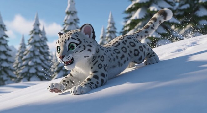 Snow leopard cub playing joyfully in snowy forest landscape