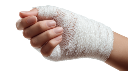 Injured hand wrapped in a white bandage on a white isolated background.