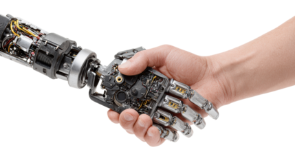Human hand shakes robotic hand, symbolizing collaboration between humans and machines.