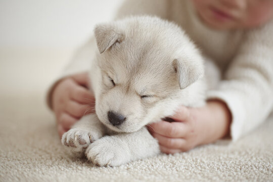 baby gently strokes sleeping puppy creating tranquil and heartwarming moment