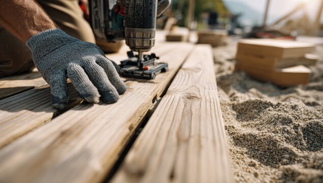 Close-up of worker installing deck boards