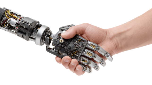 Human hand shakes robotic hand, symbolizing collaboration between humans and machines.