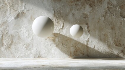 Empty room with sunlit, textured walls and floating spheres