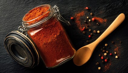 Paprika powder jar, wooden spoon, peppercorns, dark background, food photography