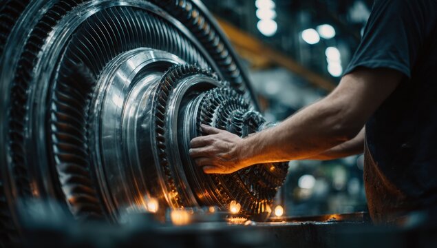 A technician works on a large turbine engine - Powered by Adobe