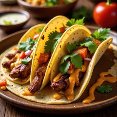 Three chicken tacos on a plate with salsa and cheese sauce