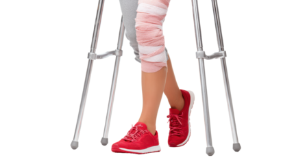 Person using crutches with red shoes and bandaged leg, standing on isolated white background.