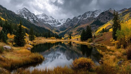 Mountain lake scene, fall foliage. Snow-capped peaks, reflecting in calm water