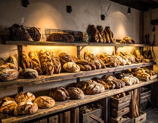 Display of various breads on wooden shelves