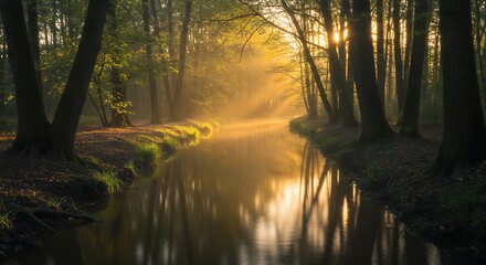 Obraz premium River Flowing Through Misty Forest at Sunset