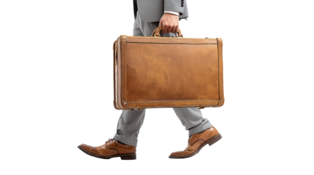 Professional man in a suit walking with a leather briefcase against a white background. - Powered by Adobe