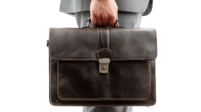 Professional man holding a sleek leather briefcase, ideal for corporate or business settings.