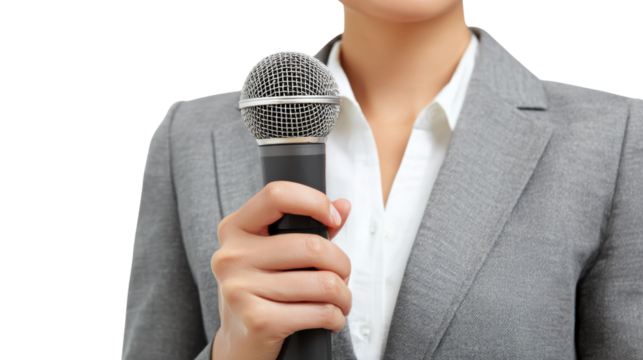 Professional woman holding a microphone, ready to speak, isolated on white background.