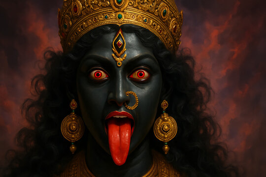 a dark and intense close-up artistic portrait of goddess kali maa with glowing red eyes, prominent red tongue, and ornate jewelry for kali puja