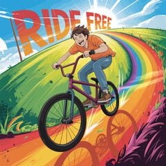 Fototapeta premium Cheerful boy on aBMX bike on a rainbow path with ' RIDEFREE' text riding