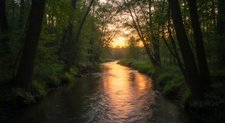 Obraz premium River Flowing Through Forest at Sunset