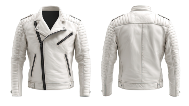 White leather biker jacket, front and back views
