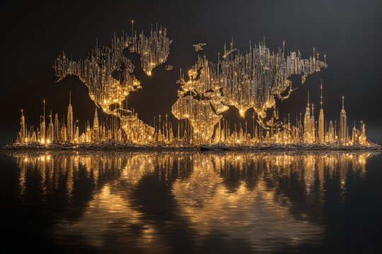 Global city lights reflected on water