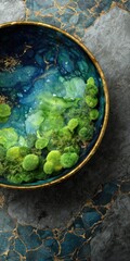 Abstract bowl, deep blues and greens, gold trim