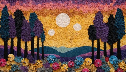 Quilled paper art sunset over purple trees and mountains