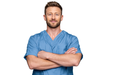 Smiling healthcare professional in scrubs, arms crossed on isolated background.