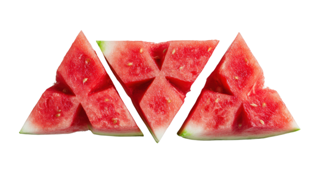 Sliced watermelon pieces arranged creatively against a white isolate background.