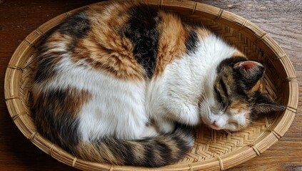 A calico cat sleeps curled in a shallow, oval woven basket