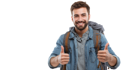 Smiling man giving thumbs up, wearing backpack and casual clothes