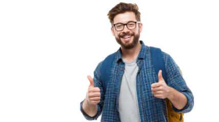 Smiling man giving thumbs up with glasses and backpack on white isolated background.