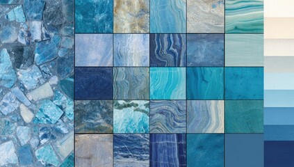 Blue stone mosaic and tiles with matching color palette