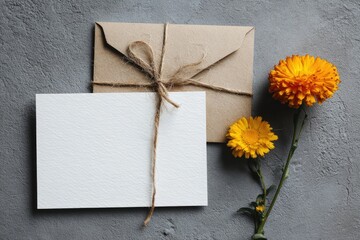 Blank card, tied envelope, & vibrant flowers on a textured gray surface