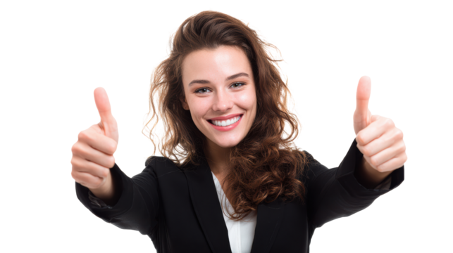 Smiling young woman in business attire showing thumbs up, positive vibe and motivation.