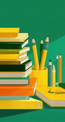 Stacked books and pencils on a teal surface.  Colorful books, pencils, and a yellow holder.  Flat design