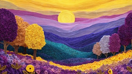 Quilled paper artwork depicting a vibrant landscape with rolling hills and colorful trees