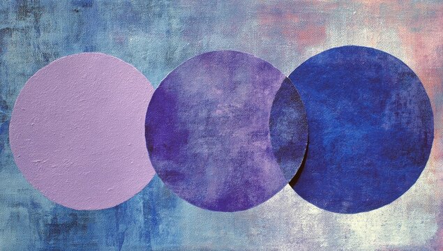 Abstract lavender, purple, blue circles overlap on textured canvas background; design element