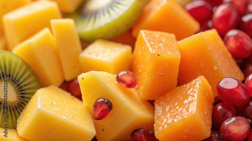 Poster fresh fruit salad featuring vibrant cubes of mango and cheese, garnished with pomegranate seeds and 