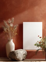 Minimalist, earthy-toned scene with a blank canvas