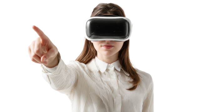 Woman wearing virtual reality headset, pointing forward as if interacting with digital environment.
