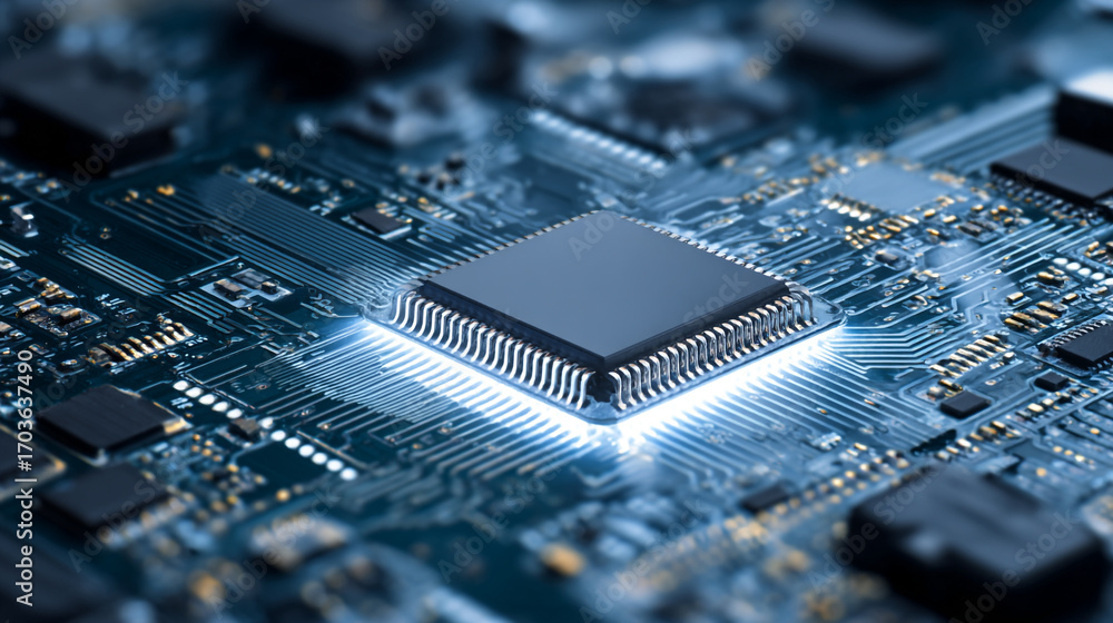 Poster central processing unit glowing on circuit board computer technology detail