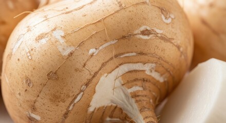 Close up of a jicama root vegetable, also known as yam bean
