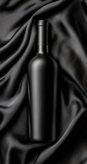 A black wine bottle rests on a draped black satin fabric