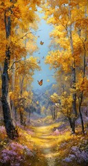 Golden autumnal forest path with butterflies