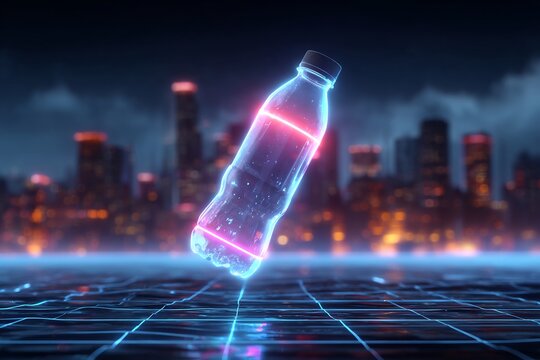 Futuristic glowing plastic bottle hovers over neon grid, city skyline background at night