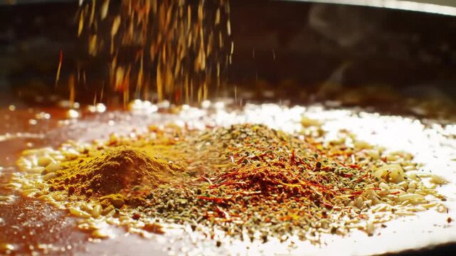 Assorted spices falling onto a metal surface, creating a vibrant and flavorful mound of culinary ingredients, showcasing the richness of global cuisine.