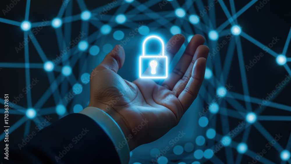 Poster hand holding glowing padlock symbol, representing security and protection digital network. backgroun