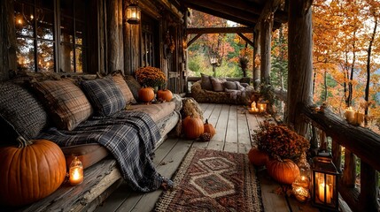 Cozy autumn porch with pumpkins, candles, and fall foliage, perfect for creating inviting seasonal lifestyle content