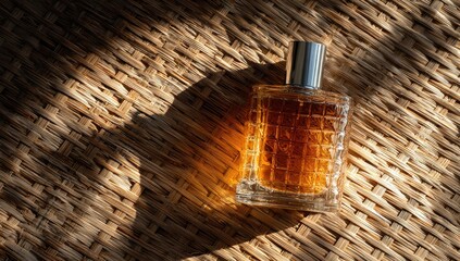 Sunlit amber perfume on woven mat, shadows