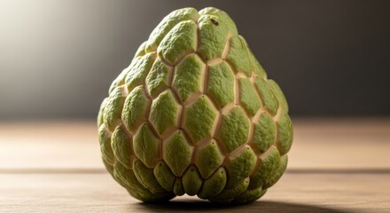 Obraz premium Close up of a whole custard apple on a wooden surface, still life