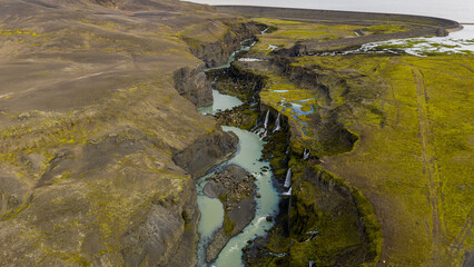 Aerial View of Turquoise River and Waterfalls in Icelandic Canyon