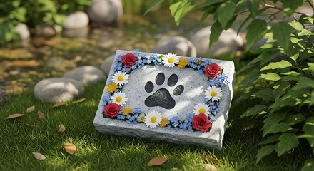 Pet Memorial Stone with Paw Print and Flowers.